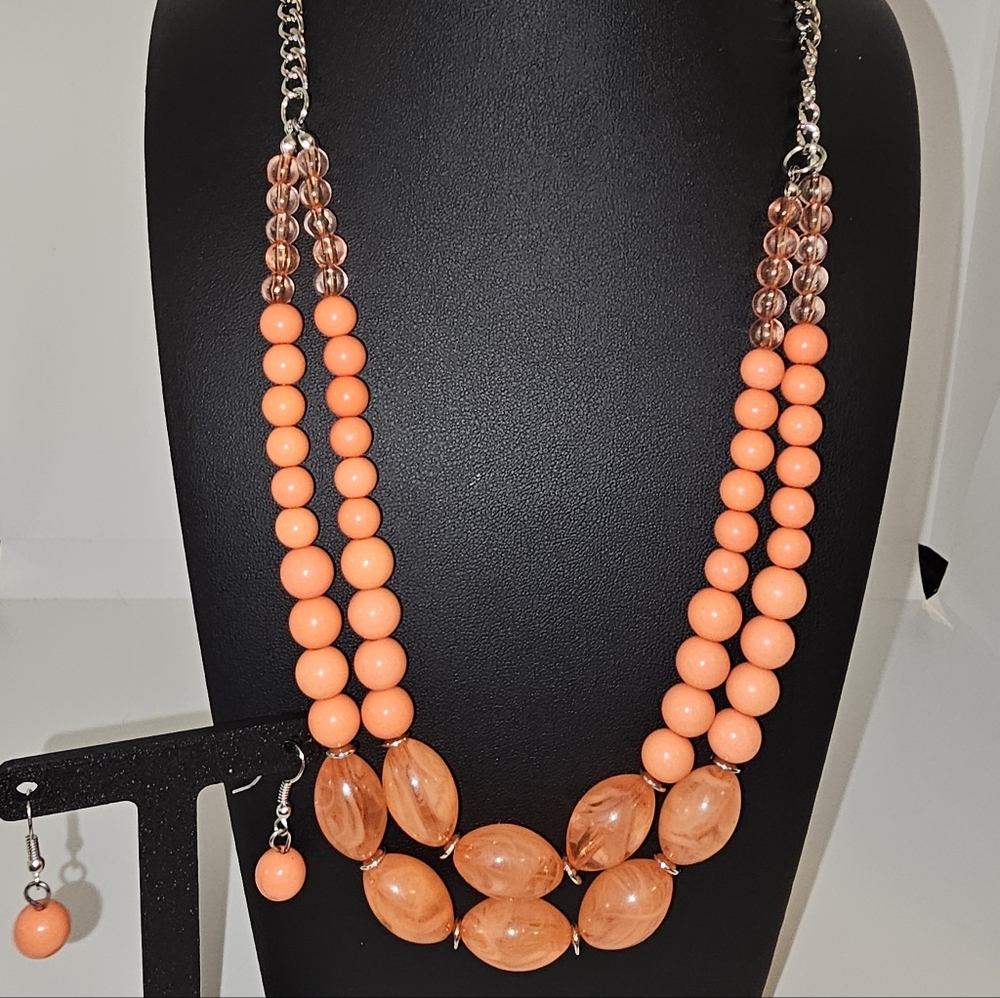 Orange Beaded Necklace and Earring Set